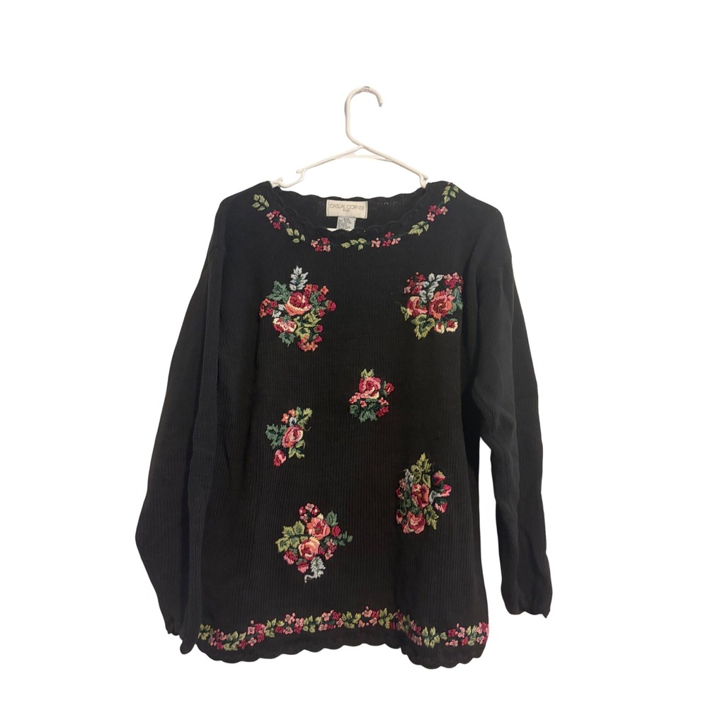 Casual Corner Sweater Vintage Floral Embroidered‎ Black Scalloped Hem Medium